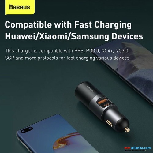 Baseus U+C 120W Share Together Fast Charge Car Charger with Cigarette Lighter Expansion Port Gray